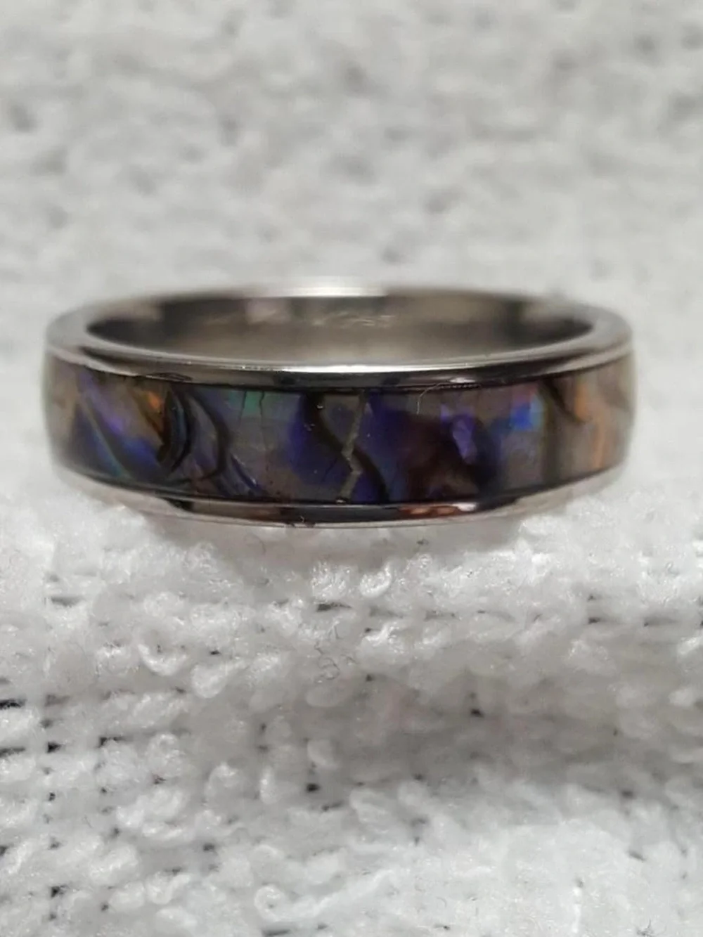 Abalone Inlay Stainless Steel Ring Band - Iridescent Blue-Purple